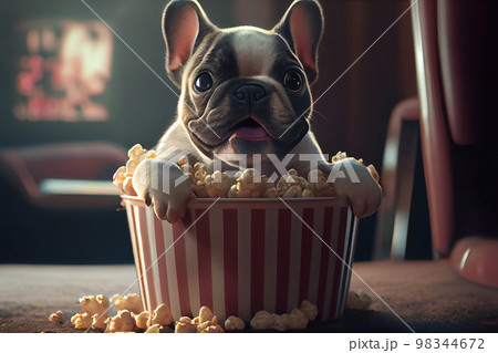 Funny spotted French bulldog puppy is sitting in a striped bucket with popcorn 98344672