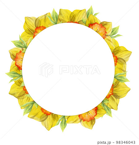 Watercolor hand drawn circle wreath with spring flowers, daffodils, crocus, snowdrops, leaves. Isolated on white background. Design for invitations, wedding, greeting cards, wallpaper, print, textile. Watercolor hand drawn circle wreath with spring flowers, daffodils, crocus, snowdrops, leaves. Isolated on white background. Design for invitations, wedding, greeting cards, wallpaper, print, textile. 98346043