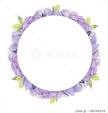 Watercolor hand drawn circle wreath with spring flowers, daffodils, crocus, snowdrops, leaves. Isolated on white background. Design for invitations, wedding, greeting cards, wallpaper, print, textile. 98346048