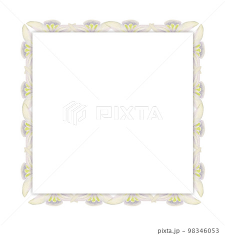 Watercolor hand drawn square frame with spring flowers, snowdrops, green fresh leaves. Isolated on white background. Design for invitations, wedding, greeting cards, wallpaper, print, textile. 98346053