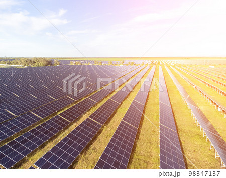 Aerial top view of a solar panels power plant. Photovoltaic solar panels at sunrise and sunset in countryside from above. Modern technology, climate care, earth saving, renewable energy concept. 98347137
