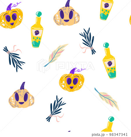 Halloween seamless pattern. Pumpkins, skulls, eyes, flowers and potion. Design for Halloween, invitation cards, greeting cards, printing. Vector hand draw illustration isolated on the white background Halloween seamless pattern. Pumpkins, skulls, eyes, flowers and potion. Design for Halloween, invitation cards, greeting cards, printing. Vector hand draw illustration isolated on the white background 98347341