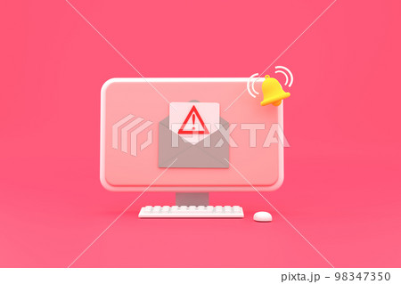 Alert message laptop notification. Danger error alerts, laptop virus problem or insecure messaging spam problems notifications. 98347350