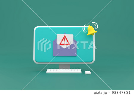 Alert message laptop notification. Danger error alerts, laptop virus problem or insecure messaging spam problems notifications. 98347351