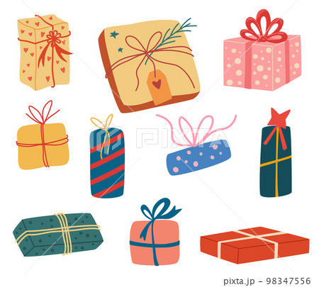 Gift Boxes set. Happy New Year and Merry Christmas. Gift boxes with ribbon. Holiday banner, web poster, flyer, stylish brochure, greeting card, cover. Hand draw Vector Illustration isolated Gift Boxes set. Happy New Year and Merry Christmas. Gift boxes with ribbon. Holiday banner, web poster, flyer, stylish brochure, greeting card, cover. Hand draw Vector Illustration isolated 98347556