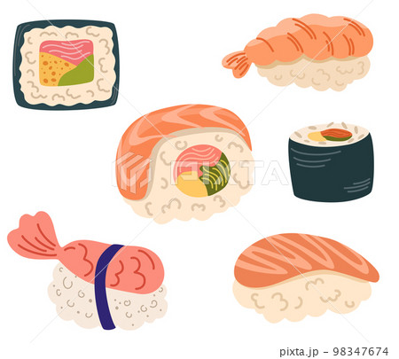 Sushi set. Asian Food. Perfect for restaurant cafe and print menus. Vector hand draw cartoon illustration. 98347674