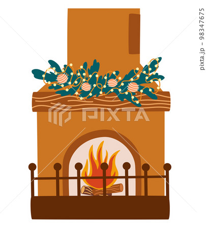 Christmas fireplace. Home fireplaces with socks, stockings, gifts, candles, firs and Xmas decoration. Warm cozy hearths with winter holiday decor. Flat vector illustrations isolated on white 98347675