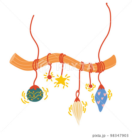 Christmas garland with lanterns. Colored garland for interior decoration, holiday and New Year. Hand drawn vector illustration isolated on the white background. 98347903
