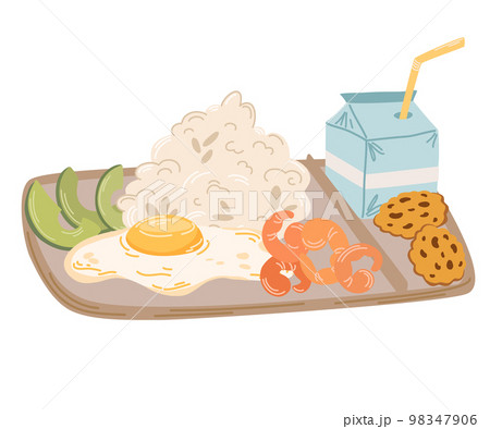 Bento lunch. Asian Food. Japanese lunch box with rice shrimp and avocado. Perfect for restaurant cafe and print menus. Vector hand draw cartoon illustration. 98347906
