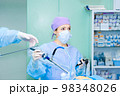 Portrait of a pretty female surgeon with surgical instruments during surgery. 98348026