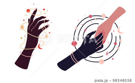 Hands with celestial mystical symbols set of magic. Spiritual boho logo, design elements with moon, plant, sun. Black silhouette of woman arms isolated on white. Vector illustration 98348038