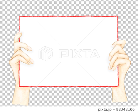 Illustration of a hand holding a blank panel with a prominent red frame 98348106