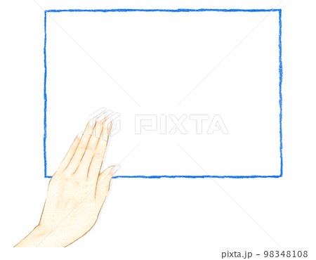 白い空白スペースと提示する手のイラスト　青い枠線 98348108