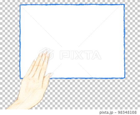 白い空白スペースと提示する手のイラスト　青い枠線 98348108