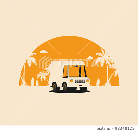 Summer holidays vector illustration,flat design beach with car and surf Summer holidays vector illustration,flat design beach with car and surf 98348125