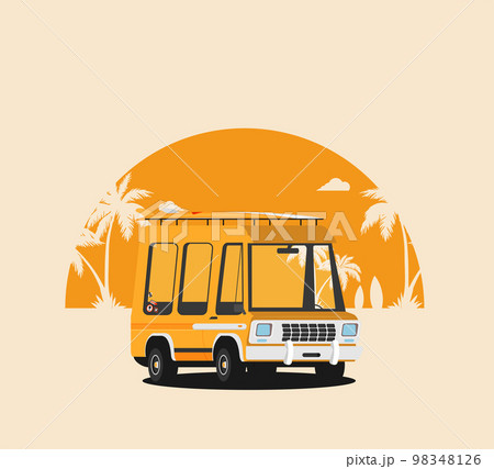 Summer holidays vector illustration,flat design beach with car and surf Summer holidays vector illustration,flat design beach with car and surf 98348126