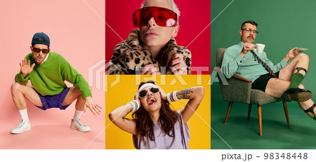 Collage. Portraits of different people, men and women of different age posing with various emotions over multicolored background. Concept of emotions and lifestyle 98348448