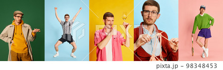 Collage made of different portraits of young emotive man poing in various clothes over multicolored background. Concept of emotions and lifestyle 98348453