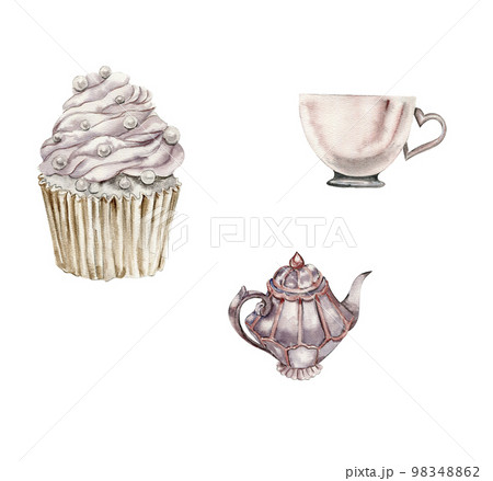 Watercolor illustration of a cupcake  with pearl,teapot, cup . An old rusty enamel element. Hand-drawn in watercolour on a white background. Perfect for wedding invitation, greetings card, posters. 98348862