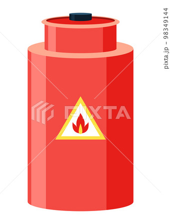 Toxic chemical barrel. Steel tank with dangerous waste. Container with flame icon in flat style. Dangerous substance. Storage of oil components 98349144