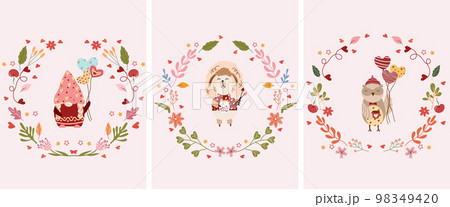 Beautiful compositions with flower wreaths and a cute gnome holding balloons, a ram in love, an owl. Bright illustrations for greeting cards, posters, banners. Vector Beautiful compositions with flower wreaths and a cute gnome holding balloons, a ram in love, an owl. Bright illustrations for greeting cards, posters, banners. Vector 98349420