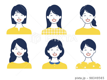 にっこり笑顔の女性アイコンセット ヘアスタイル色々バリエーション 黄色B にっこり笑顔の女性アイコンセット ヘアスタイル色々バリエーション 黄色B 98349565