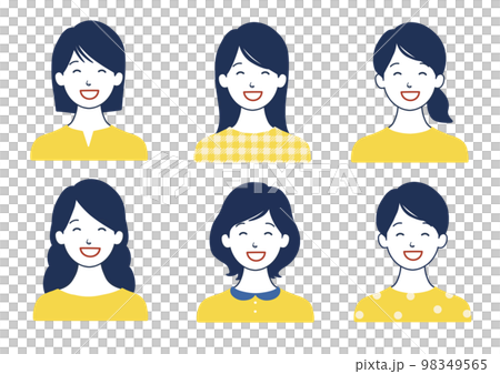 にっこり笑顔の女性アイコンセット ヘアスタイル色々バリエーション 黄色B にっこり笑顔の女性アイコンセット ヘアスタイル色々バリエーション 黄色B 98349565