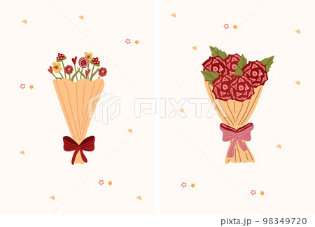 A beautiful composition with a bouquet of flowers and stars around. The concept of a holiday, rest. Bright illustrations for greeting cards, invitations to weddings, birthdays, etc. Vector 98349720