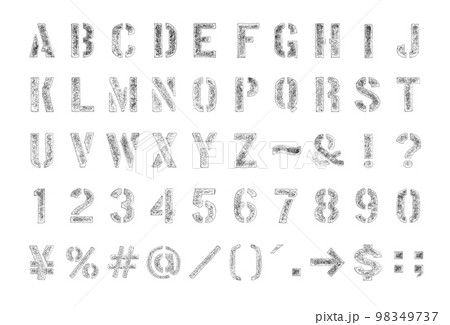 縁がかすれた白いスタンプ文字、型抜きステンシルフォント 縁がかすれた白いスタンプ文字、型抜きステンシルフォント 98349737