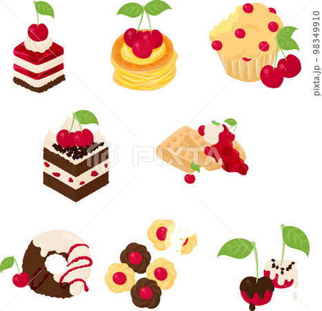 ワッフルやドーナツやクッキーやチョコレートなどの、可愛いさくらんぼスイーツのアイコンいろいろ 98349910