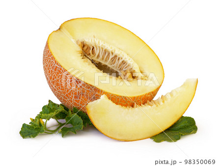 Ripe orange melon with green leaf isolated on white background. cantaloupe melon slices isolated on white background. This has clipping path. Ripe orange melon with green leaf isolated on white background. cantaloupe melon slices isolated on white background. This has clipping path. 98350069