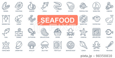 Seafood concept simple line icons set. Pack outline pictograms of mussel, fish steak, sardine, lobster, shrimp, crab, whale, tuna, starfish and other. Vector symbols for website and mobile app design 98350810