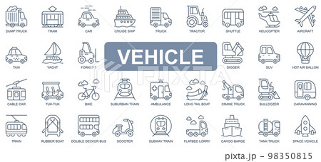 Vehicle concept simple line icons set. Pack outline pictograms of truck, tram, car, cruise, ship, tractor, helicopter, aircraft, forklift and other. Vector symbols for website and mobile app design Vehicle concept simple line icons set. Pack outline pictograms of truck, tram, car, cruise, ship, tractor, helicopter, aircraft, forklift and other. Vector symbols for website and mobile app design 98350815
