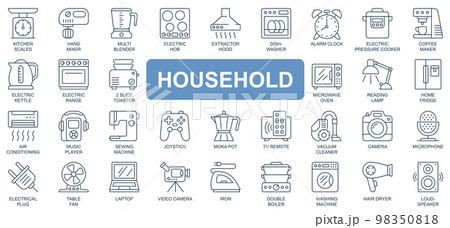 Household concept simple line icons set. Pack outline pictograms of kitchen, scales, mixer, blender, electric hob, dishwasher, table, kettle and other. Vector symbols for website and mobile app design 98350818