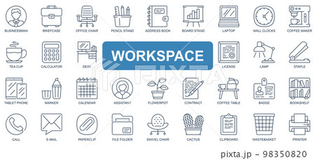 Workspace concept simple line icons set. Pack outline pictograms of businessman, briefcase, office, email, book, laptop, coffee, calculator and other. Vector symbols for website and mobile app design Workspace concept simple line icons set. Pack outline pictograms of businessman, briefcase, office, email, book, laptop, coffee, calculator and other. Vector symbols for website and mobile app design 98350820