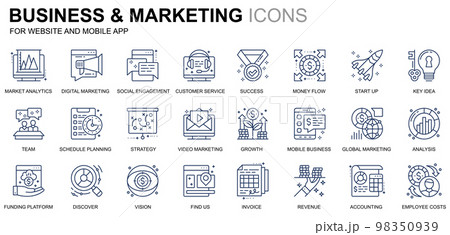 Simple Set Business and Marketing Line Icons for Website and Mobile Apps. Contains such Icons as Vision, Mission, Planning, Market. Conceptual color line icon. Vector pictogram pack. 98350939