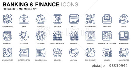 Simple Set Banking and Finance Line Icons for Website and Mobile Apps. Contains such Icons as Balance, E-Banking, Auction, Financial Growth. Conceptual color line icon. Vector pictogram pack. Simple Set Banking and Finance Line Icons for Website and Mobile Apps. Contains such Icons as Balance, E-Banking, Auction, Financial Growth. Conceptual color line icon. Vector pictogram pack. 98350942