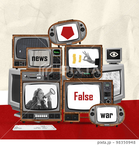 Contemporary art collage. Conceptual design. Set of retro TV screen showing fake news about war. Propaganda and disinformation Contemporary art collage. Conceptual design. Set of retro TV screen showing fake news about war. Propaganda and disinformation 98350948