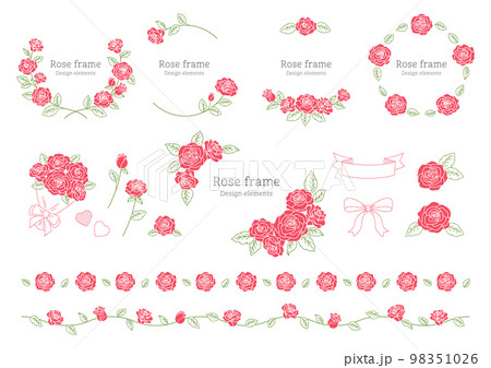 薔薇の花のデザイン用の装飾要素, フレームと挿絵の素材セット, ピンクと緑. 98351026
