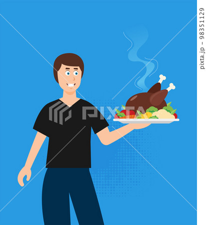 Food creative concept, restaurant cloche in hand, app service, enjoy your meal. Mobile service, delivery service 98351129