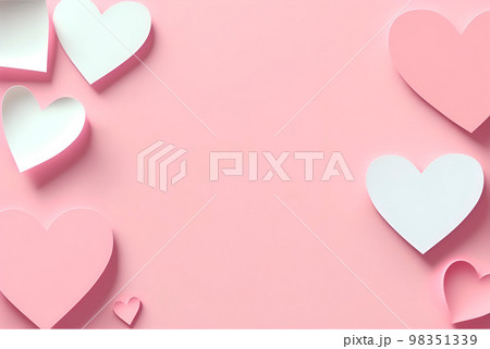 Soft pink paper hearts on light background. Papercut design pastel pink rose color Valentine day love romantic greeting card illustration 98351339