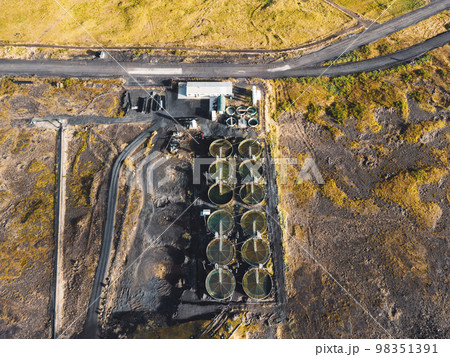 Wastewater treatment plant somewhere from above in Iceland 98351391