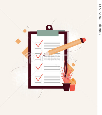 Positive business man with a giant pencil on his shoulder nearby marked checklist on a clipboard paper.  Illustration flat design style 98351534