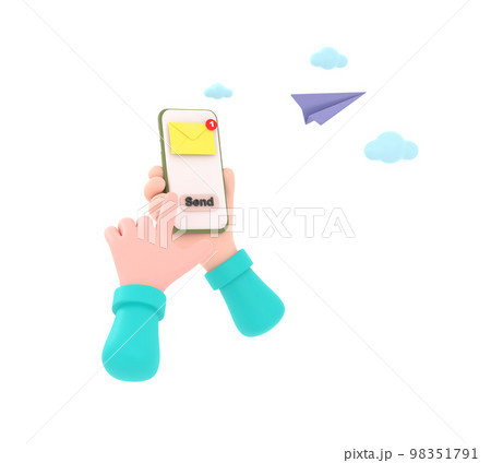 3D. hand holding the smartphone with e-mail application on screen and paper plane. 3D. hand holding the smartphone with e-mail application on screen and paper plane. 98351791