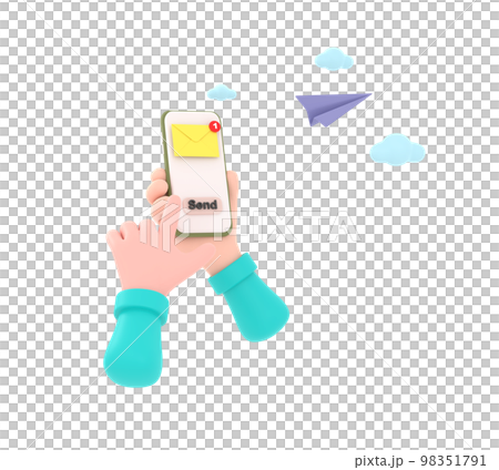 3D. hand holding the smartphone with e-mail application on screen and paper plane. 3D. hand holding the smartphone with e-mail application on screen and paper plane. 98351791