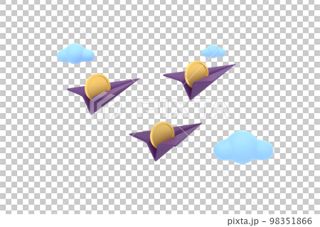 3D. paper airplane and coins with clouds cute. financial concept. 3D. paper airplane and coins with clouds cute. financial concept. 98351866