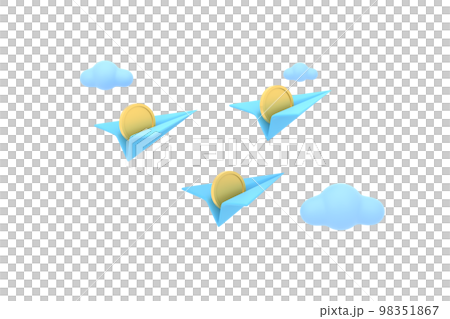 3D. paper airplane and coins with clouds cute. financial concept. 3D. paper airplane and coins with clouds cute. financial concept. 98351867
