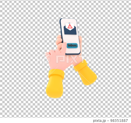 3D. Hand holding a cell phone with a fraudulent sms on the screen. Electronic messaging scam alert 3D. Hand holding a cell phone with a fraudulent sms on the screen. Electronic messaging scam alert 98351887
