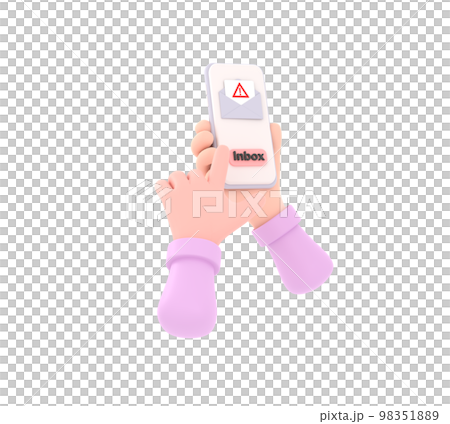 3D. Hand holding a cell phone with a fraudulent sms on the screen. Electronic messaging scam alert 3D. Hand holding a cell phone with a fraudulent sms on the screen. Electronic messaging scam alert 98351889