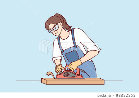 Woman furniture maker uses jointer to process wooden planks needed to create furniture. Vector image Woman furniture maker uses jointer to process wooden planks needed to create furniture. Vector image 98352555